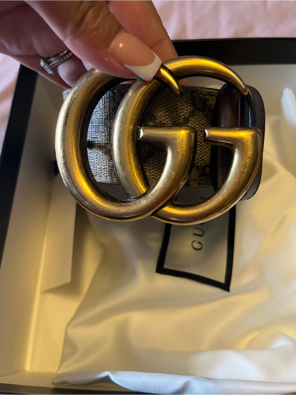 Authentic Gucci Brown Monogram Leather Belt With Antiqued Gold Double G Buckle